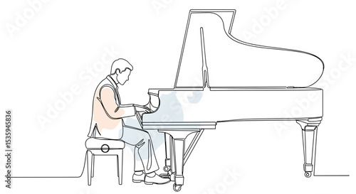 Pianist playing a grand piano – one line doodle drawing with watercolor fill, minimalistic vector illustration on white background