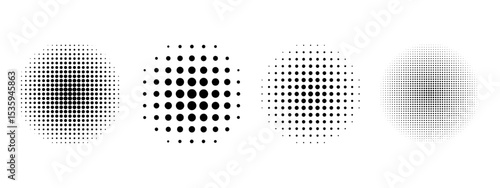Set of dotted circles with halftone effect. Collection of round shapes with polka dot pattern isolated on white background. Simple design elements. Vector graphic illustration.