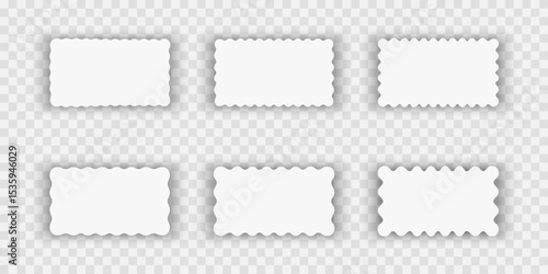 Set or rectangular shapes with squiggly borders and shadows. Tags, cards, labels or coupons templates with scalloped edges and shades isolated on white background. Vector realistic illustration.