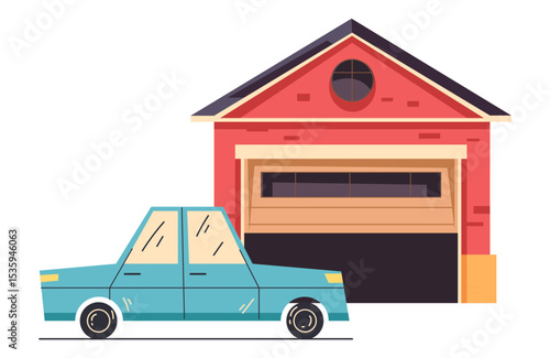Car drives into garage design element isolated concept. Vector flat graphic design illustration