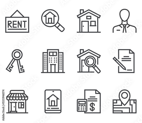 Real estate line art outline isolated icons set. Vector flat graphic design illustration