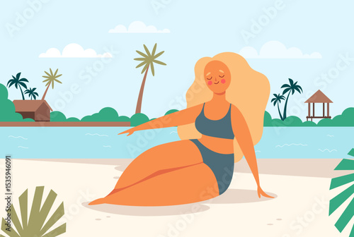 
Woman relaxing and sunbathing on beach concept. Vector flat graphic design illustration
