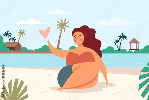 
Woman relaxing and sunbathing on beach concept. Vector flat graphic design illustration

