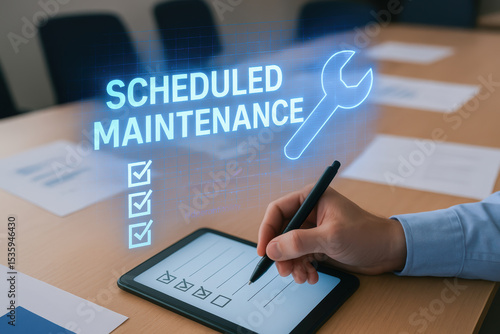 Scheduled maintenance concept with predictive maintenance engineer checking tasks on digital tablet for efficient equipment care