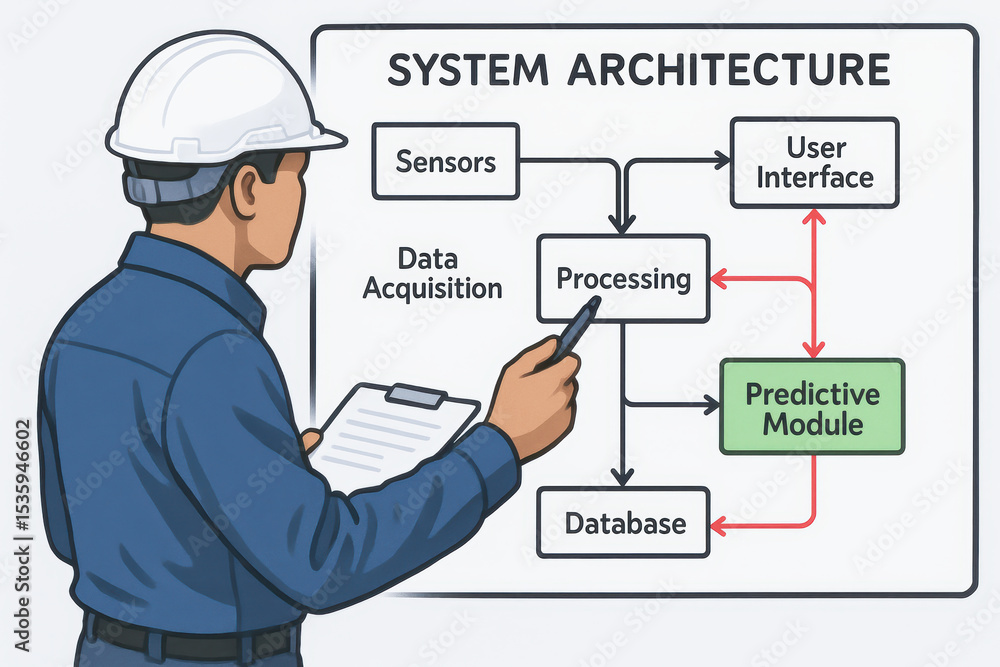 Predictive maintenance engineer studies system architecture with sensors processing and database to improve user interface and module efficiency Predictive maintenance engineer studies system architecture with sensors processing and database to improve user interface and module efficiency
