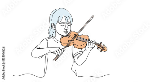 Girl violinist playing the violin – one line doodle drawing with watercolor fill, minimalistic vector illustration on white background