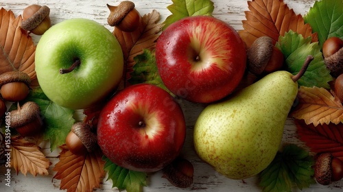 Fresh Green Apple Red Apple Pear Autumn Leaves Mushrooms Still Life