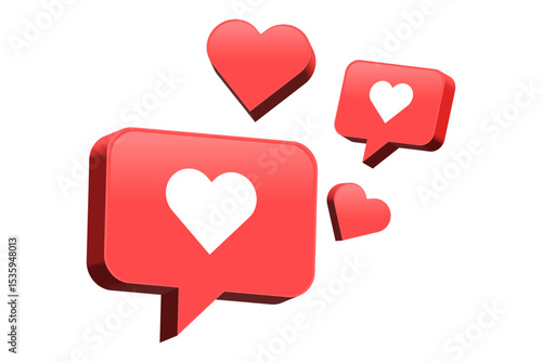 3D red love icons with heart symbol in chat speech bubbles icon, for social media likes, love, and engagement. modern 3d heart like background