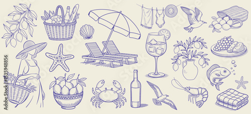 Doodle-style summer illustration set inspired by the Italian Amalfi Coast and Sicily. Hand-drawn ink vector elements featuring the sea, beach, lemons, and coastal charm. Perfect for invitations