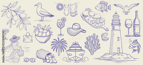 Doodle-style summer illustration set inspired by the Italian Amalfi Coast and Sicily. Hand-drawn ink vector elements featuring the sea, beach, lemons, and coastal charm. Perfect for invitations