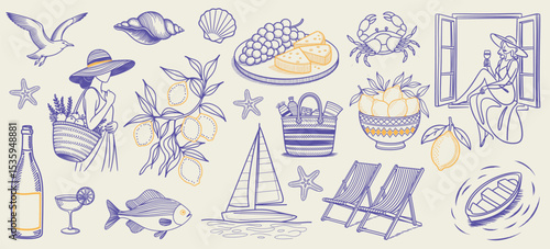 Doodle-style summer illustration set inspired by the Italian Amalfi Coast and Sicily. Hand-drawn ink vector elements featuring the sea, beach, lemons, and coastal charm. Perfect for invitations, 