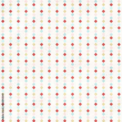 Playful seamless pattern with vertical rows of small colorful diamonds in red, yellow, and blue on a white background. Bright retro geometric design ideal for fabric, wrapping paper, and stationery.