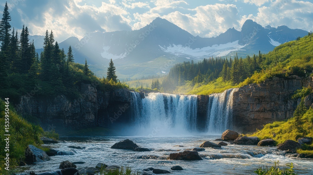 Fototapeta premium Majestic waterfall cascading between lush green cliffs against distant mountains