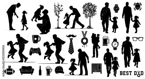 Father's Day Vector Silhouettes Dad & Child Icons: Capturing the intimate connection, beautifully in stark monochrome, reflecting on the enduring love and fatherhood