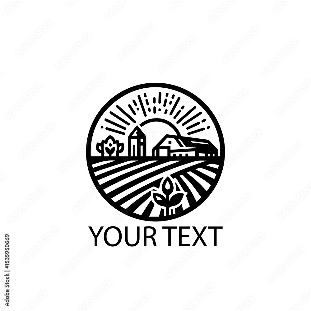 Vector Logo of Farm Landscape with Sunrise and Crops – Black Line Art Isolated on White Background Vector Logo of Farm Landscape with Sunrise and Crops – Black Line Art Isolated on White Background