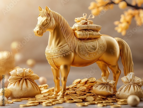 Golden horse figurine atop coins, gifts, and decorative bags