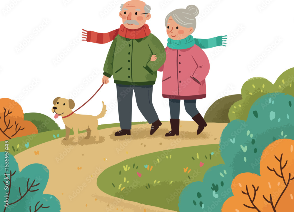 Fototapeta premium Elderly Couple Walking Dog in Autumn Park Wearing Warm Scarves and Jackets 