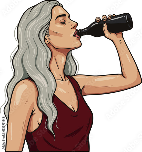 Woman with long gray hair drinking from bottle in casual lifestyle vector illustration 