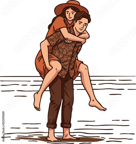 Couple enjoying a piggyback ride on the beach barefoot in casual summer clothes 