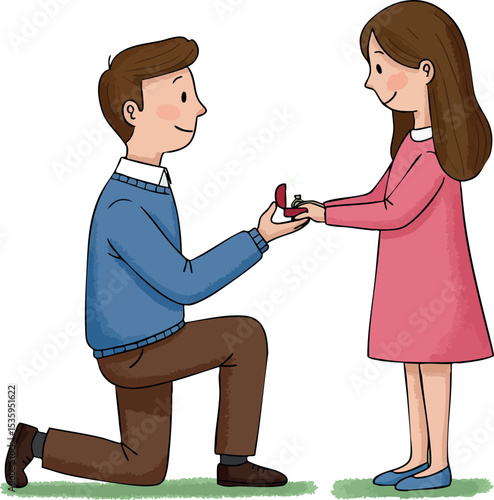 Marriage proposal scene with man kneeling and woman receiving ring in casual clothes vector illustration 