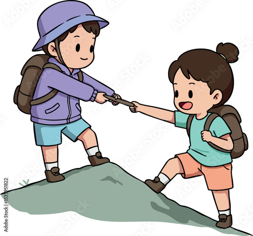 Children Hiking Helping Each Other Outdoors Adventure Friendship Illustration 