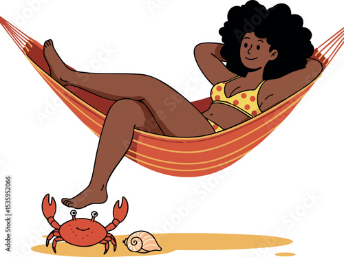 Woman relaxing in orange hammock on beach with crab and seashell summer scene vector 