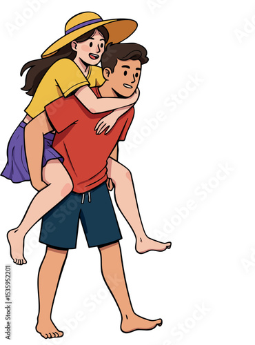 Young man giving piggyback ride to woman in summer clothes playful friendship vector illustration 
