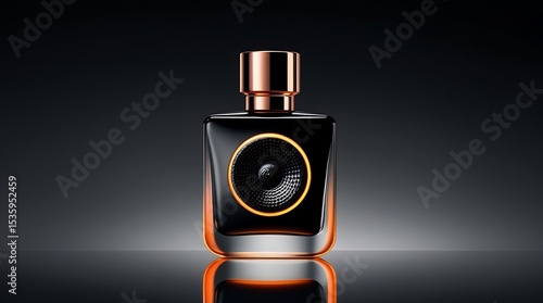 Elegant black perfume bottle with gold accents on a reflective surface
