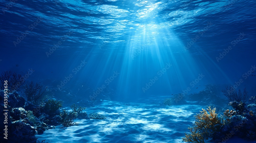 Fototapeta premium Stunning Underwater Scene Peaceful Ocean Deep Blue Seabed Sunlight Rays Coral Reef Tranquil Aquatic Nature Vibrant Marine Life Underwater World Beautiful Serenity Picturesque 