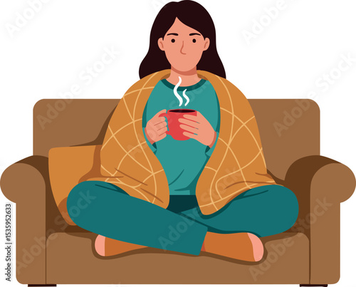 Woman wrapped in orange blanket drinking hot tea on brown sofa relaxing indoors vector illustration 