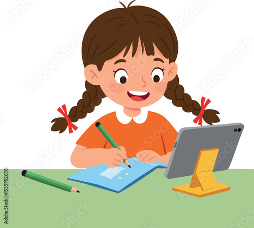 Girl doing homework with tablet and notebook at desk in learning environment vector illustration 