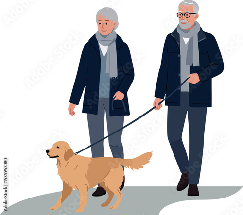 Elderly couple walking golden retriever dog on leash in casual winter clothing outdoors 