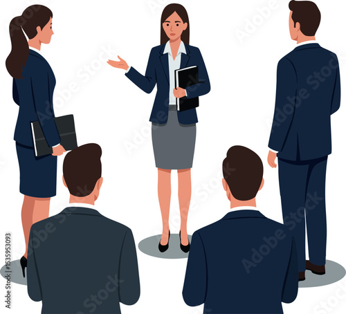 Businesswoman Leading Meeting with Male and Female Colleagues in Professional Attire Vector Illustration 
