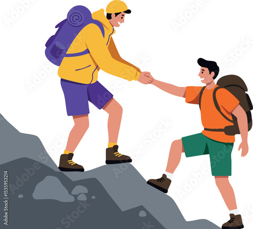 Two hikers helping each other climb rocky mountain outdoors teamwork and support vector illustration 