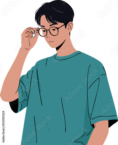 Young man adjusting glasses wearing teal shirt vector illustration portrait 
