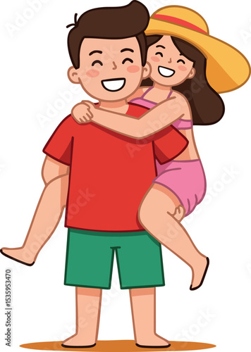 Happy couple piggyback summer vacation with woman wearing sun hat and man in red shirt 