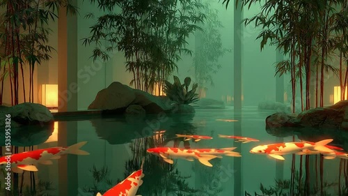 Serene Japanese Garden with Koi Pond and Bamboo Forest Ambiance Video