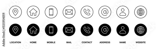 Contact icons including location, address, home, mobile, phone, call, email, envelope, globe, global and website icon. in outline style. Communication contact information icon. Business card icon set