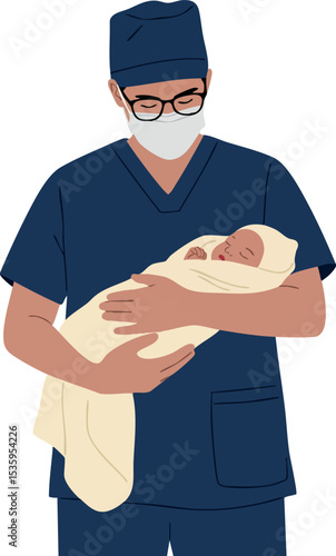 Male nurse holding newborn baby wrapped in blanket medical care vector illustration 