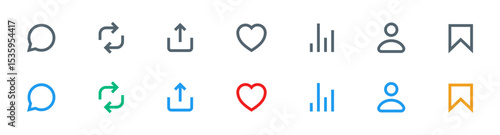 Set of social media interaction icons including like, comment, share, heart, follower, save, favorite, analytics icon symbol . Minimalist vector style for for apps, web design