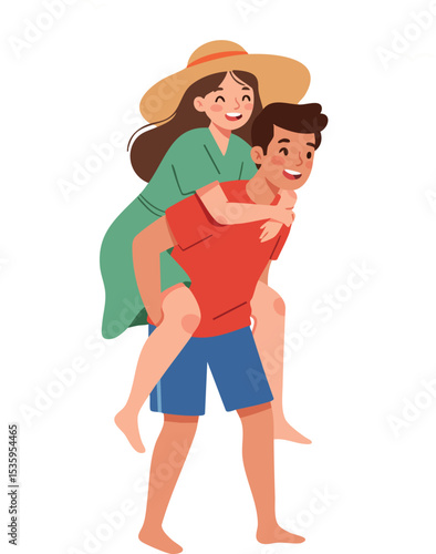 Young man giving piggyback ride to smiling woman in summer hat vector illustration 