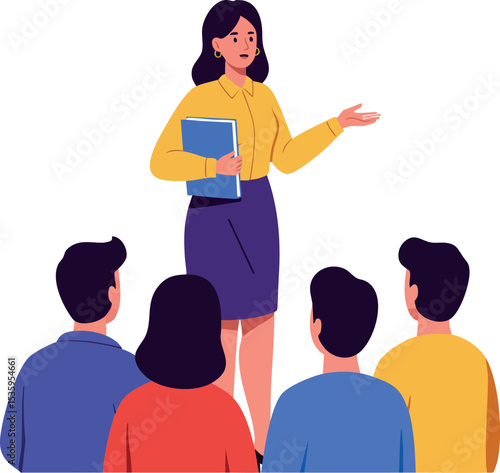 Female teacher instructing group of students in classroom communication vector illustration 