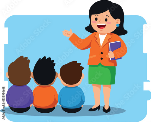 Female teacher instructing three children sitting in classroom vector illustration 