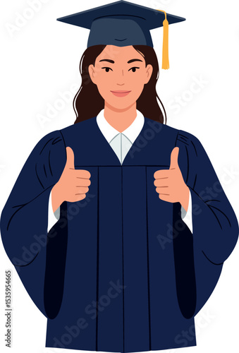 Female graduate student wearing navy blue gown and mortarboard showing thumbs up gesture vector illustration 