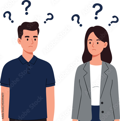 Confused man and woman with question marks vector illustration in thoughtful expressions 