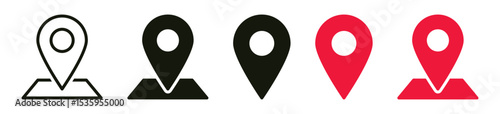location icon, map pin icons in outline, black, and red styles. for maps, GPS, navigation apps, location markers, address indications, and geolocation interfaces