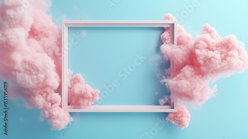 A white vintage frame sits on a pastel blue background, surrounded by abstract pink cloud shapes in a minimal border composition.