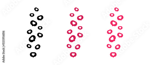 heart icon in speech bubble symbol, likes background in red chat bubbles. Social media love, like icon and engagement symbols. notification icons for live streaming and social media interactions