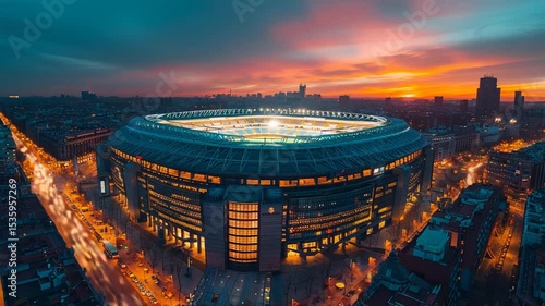 Stunning aerial view of the Santiago Bernab?u Stadium in Madrid at dusk