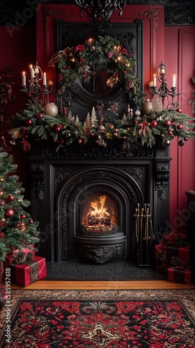 Wallpaper Mural Dark, ornate Christmas fireplace Torontodigital.ca